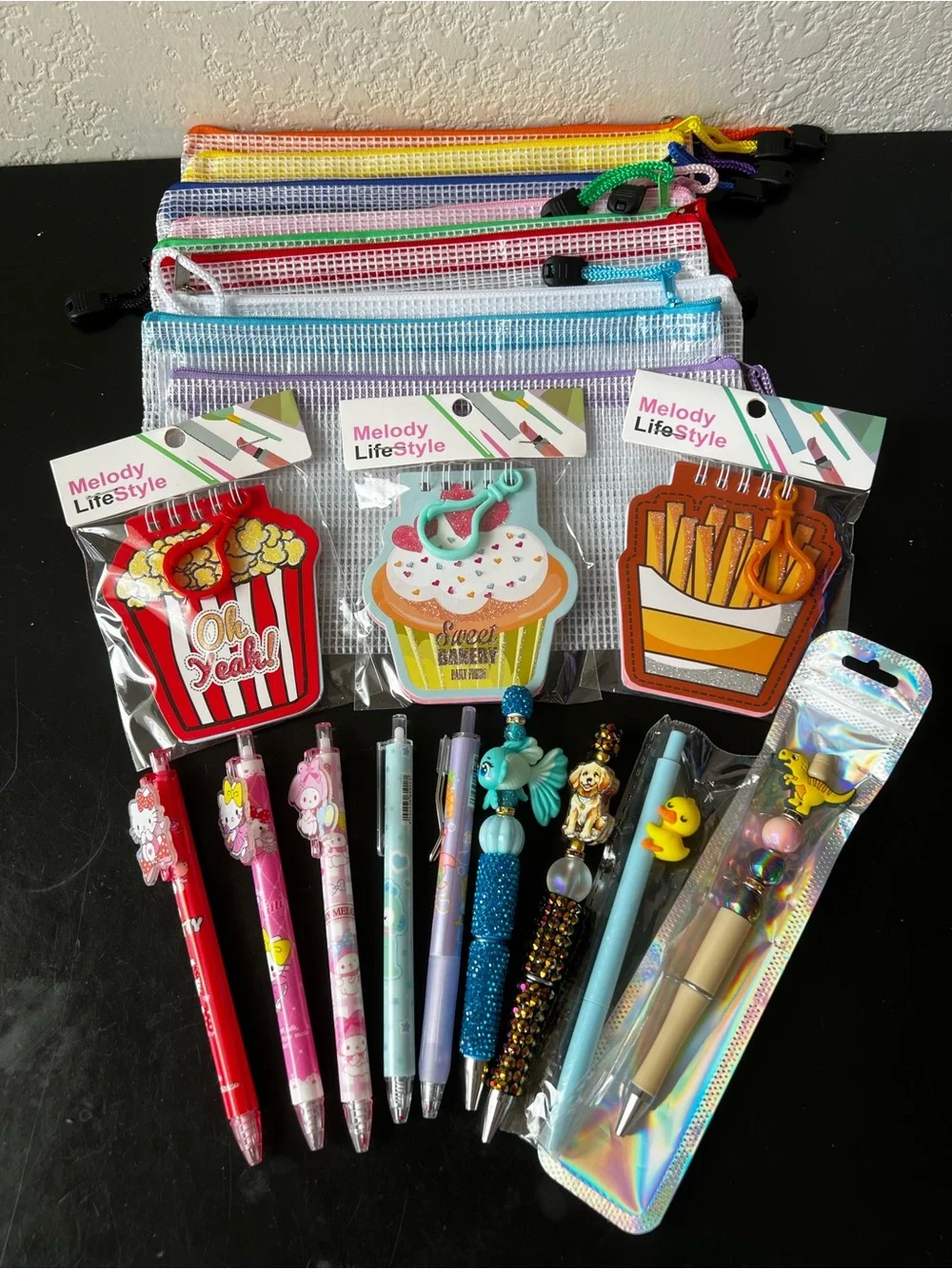 Cute Stationery Set: Custom Beaded Pens, Mini Notebooks & Mesh Pouches